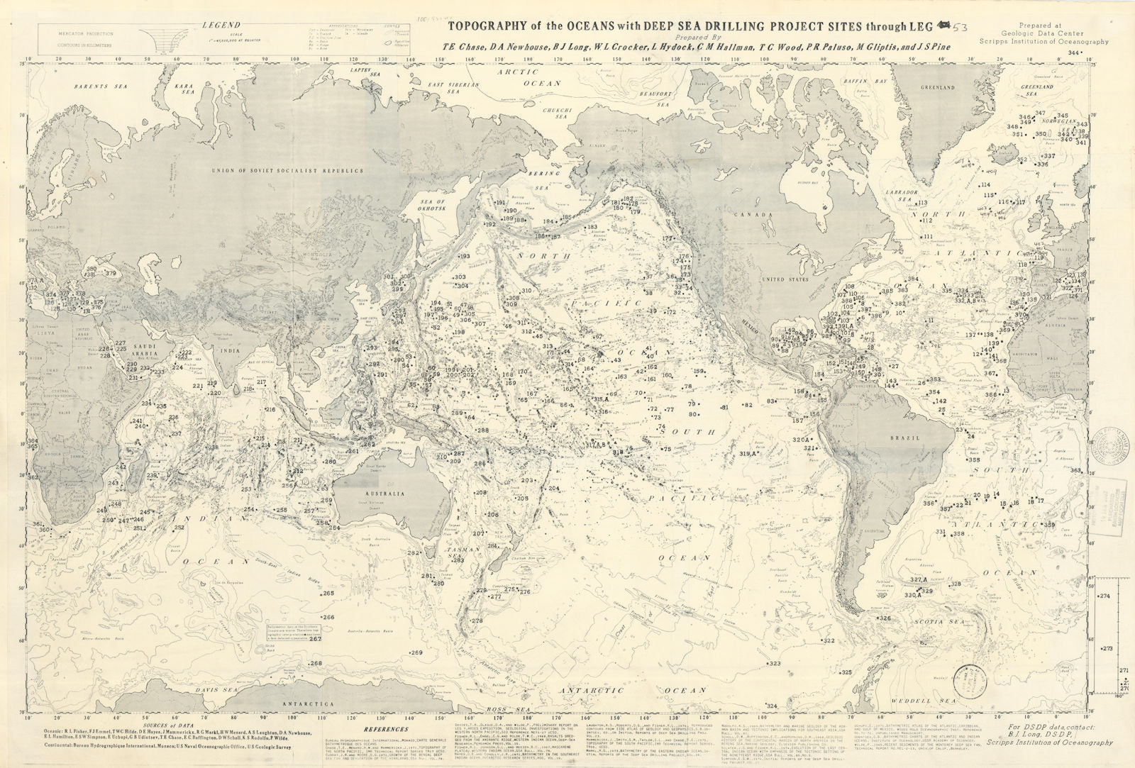 Ocean Topography. Deep sea drilling project sites Leg 44. Scripps/DSDP 1975 map